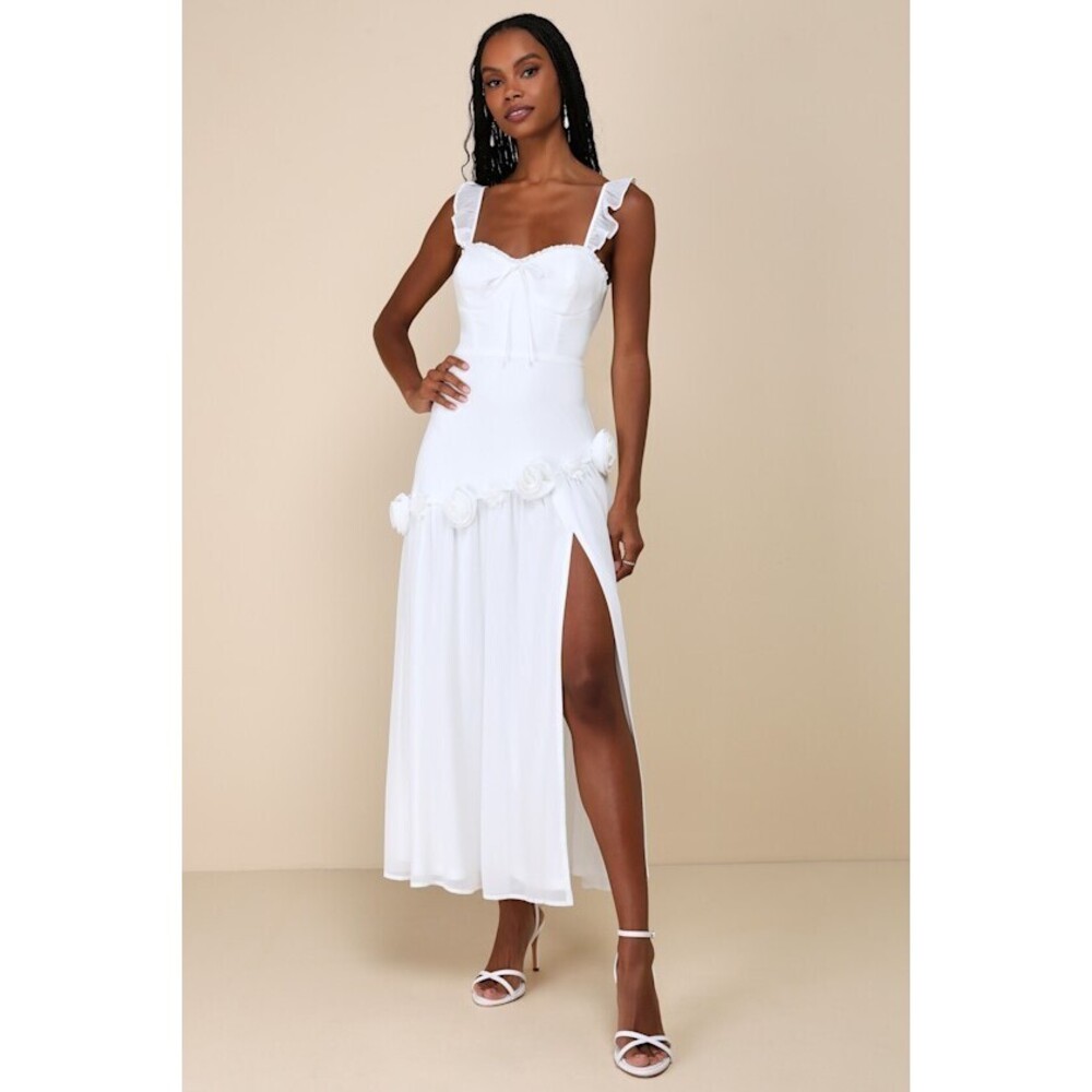 Lulus Romantic Attitude White Chiffon Rosette Drop Waist Maxi Dress - Size L